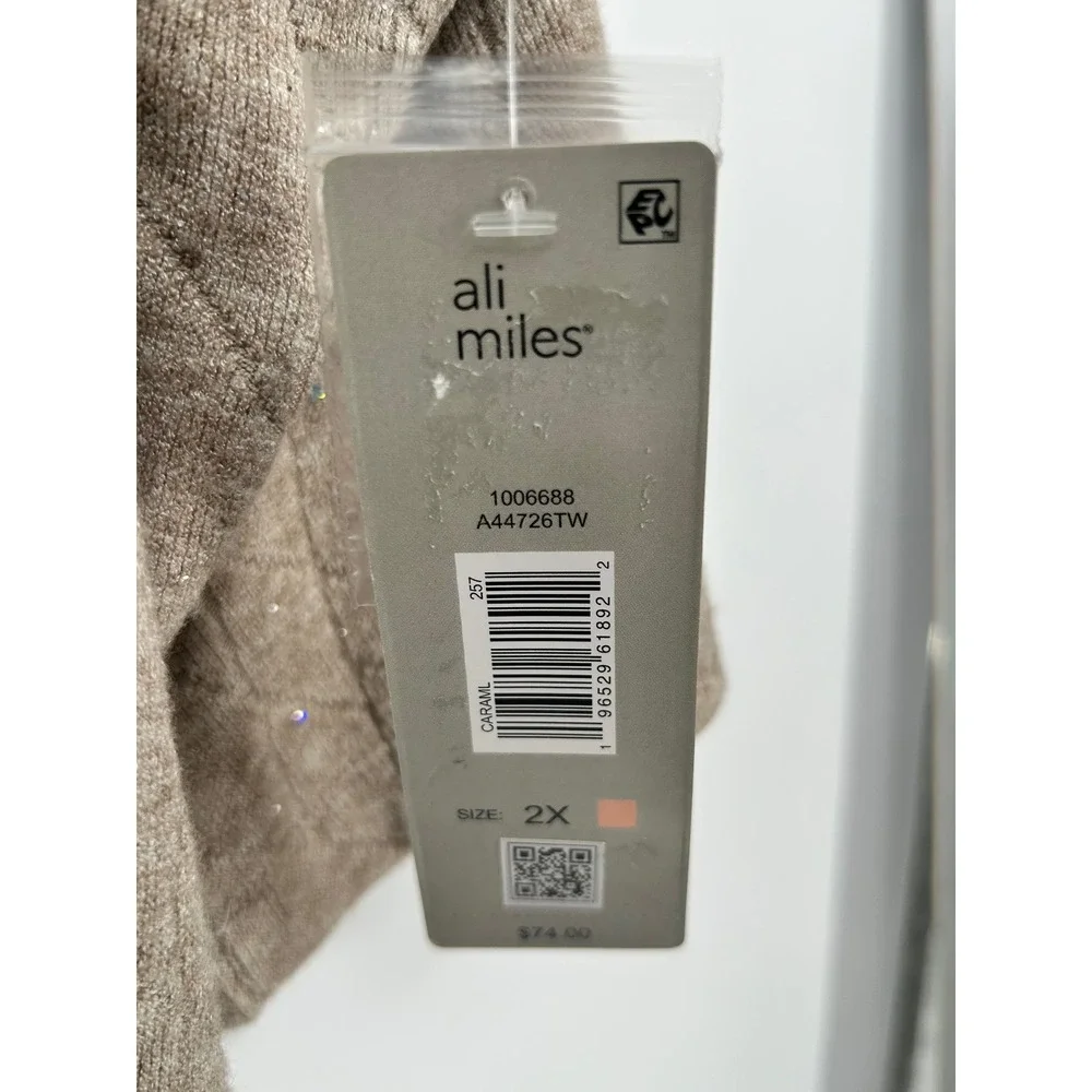 NEW Ali Miles Women's 2X Beige Cowl Neck 3/4‎ Sleeve Button Back Sweater Sparkle